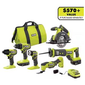 Ryobi ONE+ 18V Cordless 6-Tool Combo Kit w/ 2 Batteries and Charger